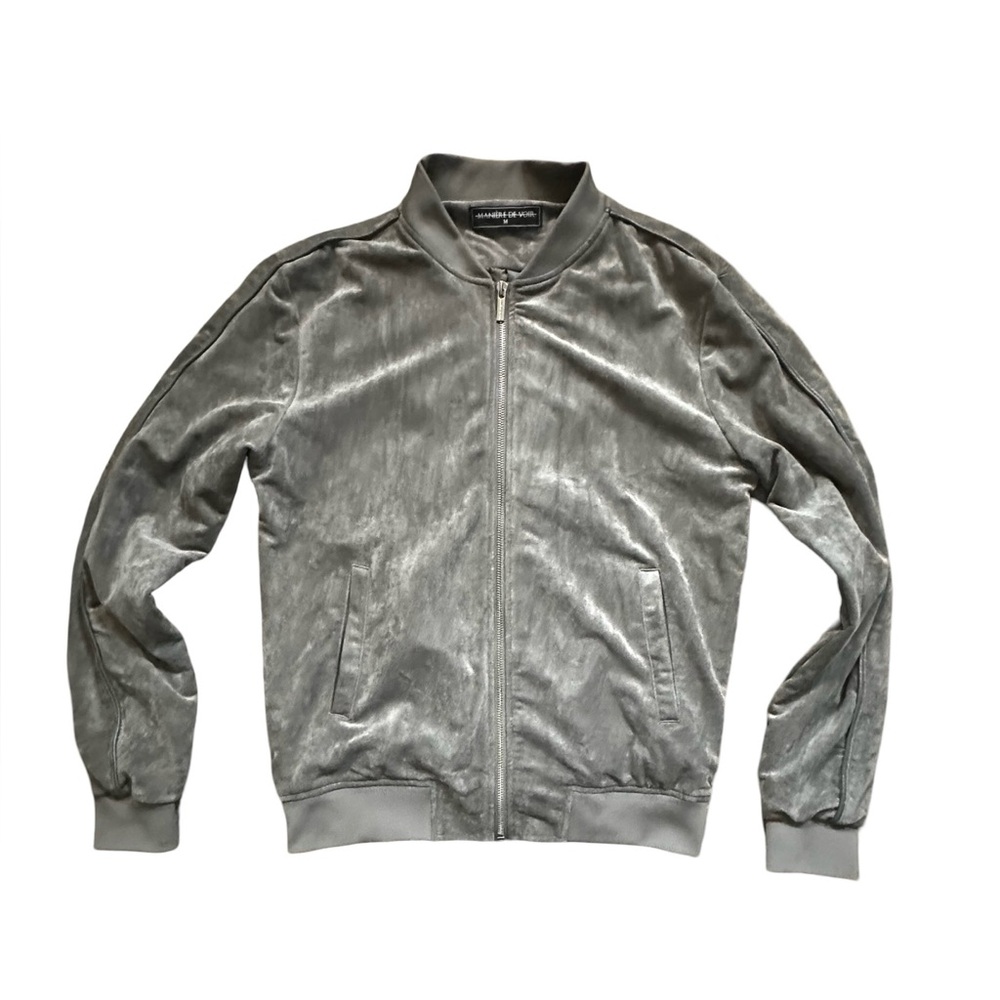 MANIERE DE VOIR Varsity Bomber Jacket Gray Neutral ULTRASUEDE Men’s Size M.